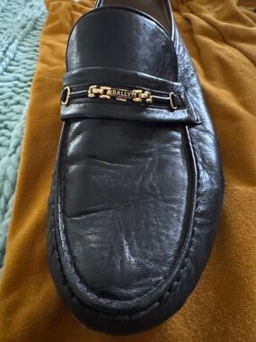 Bally Black Leather Loafers with Gold Chain Logo